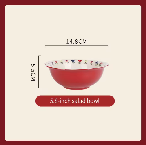Red salad bowl with floral pattern and measurements on a beige background