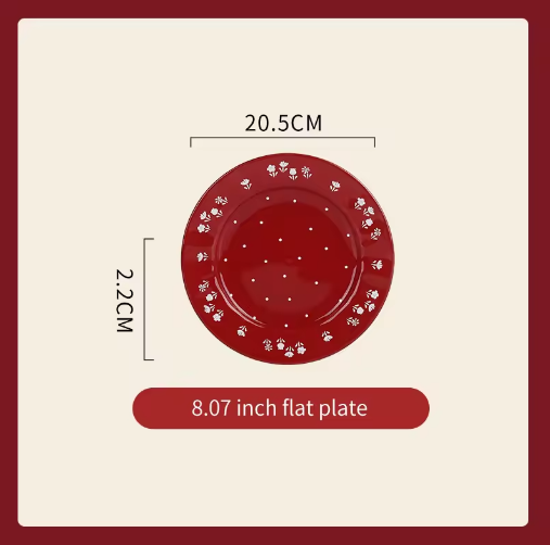 Red decorative plate with measurements on a beige background