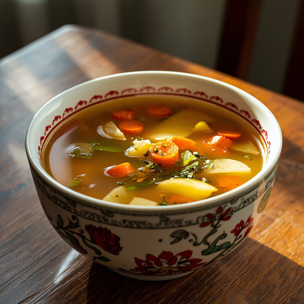 Bowl of soup with vegetables in a decorative bowl on a wooden table