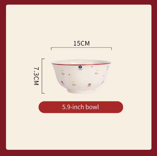 Measurement of a 5.9-inch bowl with floral design on a beige background