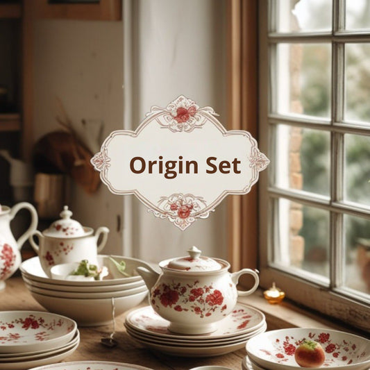 Tariff title with set of floral teapots and plates on a table with a window in the background