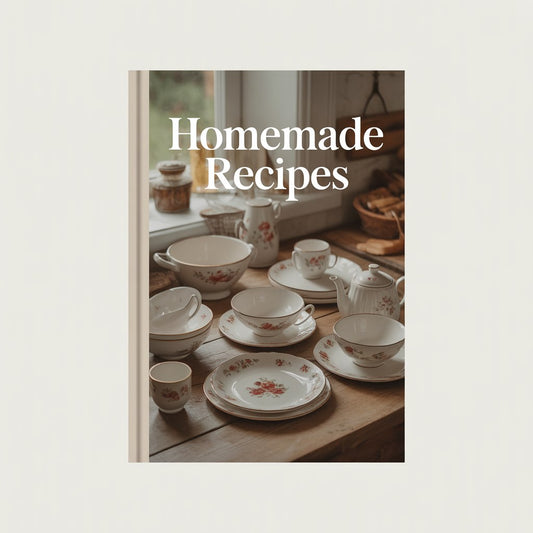 Book cover with 'Homemade Recipes' text and images of ceramic dishes on a wooden table.