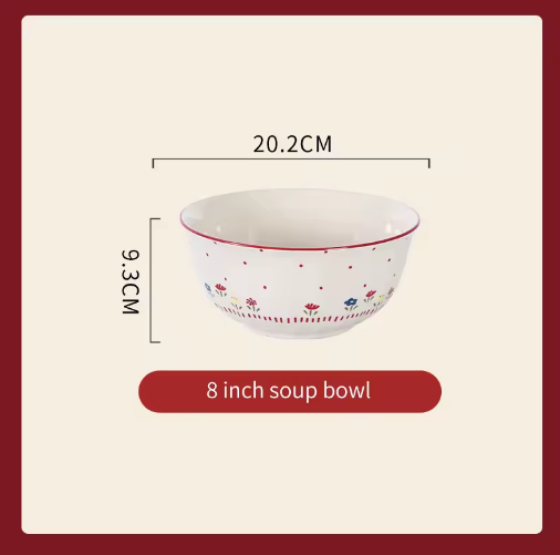 8-inch soup bowl with floral design and dimensions on a beige background
