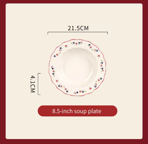 8.5-inch soup plate with floral rim and measurements on a beige background