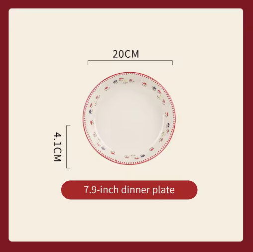 Measurement chart of a 7.9-inch dinner plate with dimensions on a beige background.
