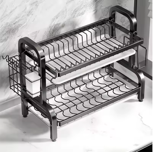Dish drying rack with two levels on a marble countertop