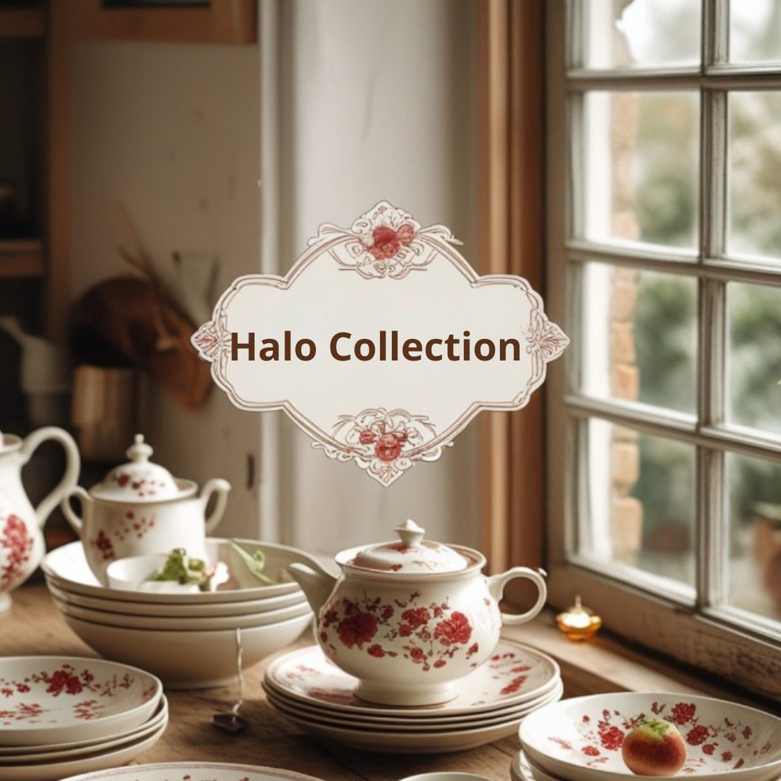 Tariff title with floral patterns on a table near a window, labeled 'Halo Collection'.