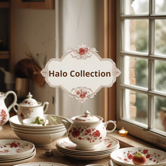 Tariff title with floral patterns on a table near a window, labeled 'Halo Collection'.