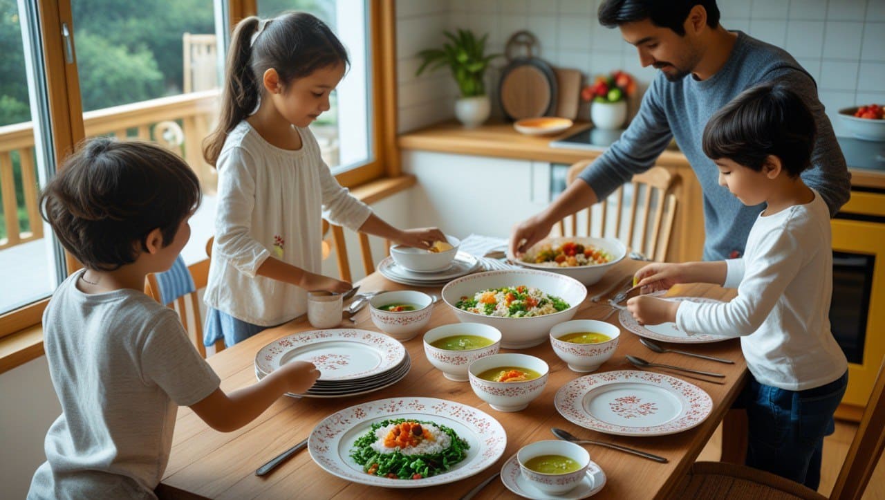 Family of four at a dining table with plates of food, including a child with a ponytail and another child reaching for a plate.
