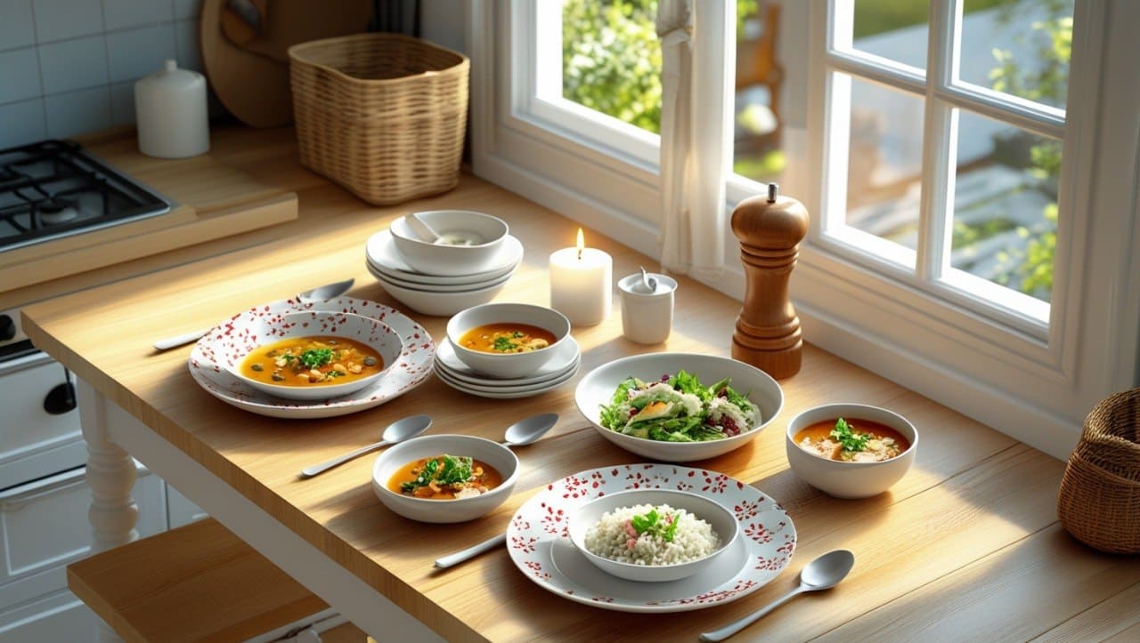 Diverse dishes on a kitchen island with a window view