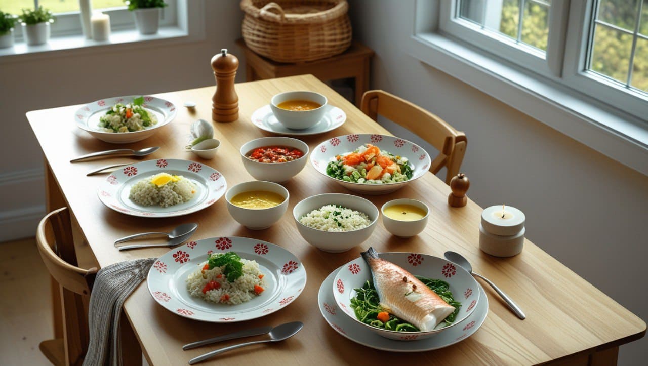 Dining table set with various dishes of food including salads and bowls, in a bright room with windows.