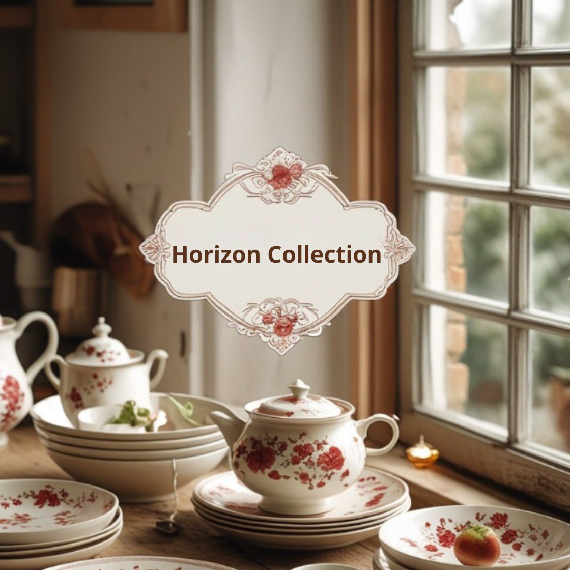 Tariff title with floral patterns on a table near a window, labeled 'Horizon Collection'.