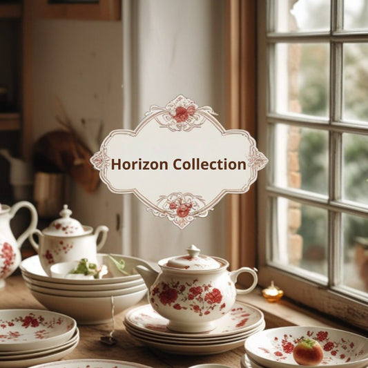 Tariff title with floral patterns on a table near a window, labeled 'Horizon Collection'.