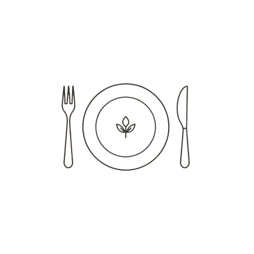 Icon of a plate with a leaf symbol, fork, and knife on a white background