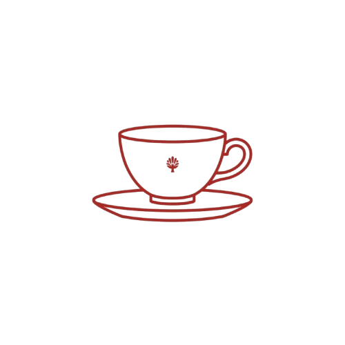 Red outline of a teacup and saucer on a white background